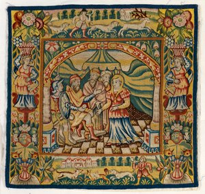 Housse de coussin en tapisserie représentant Suzanne devant le Juge (une des six tapisseries Sheldon, comprenant 47.9 à 47.14), fabriquée à Sheldon, Angleterre, si authentique