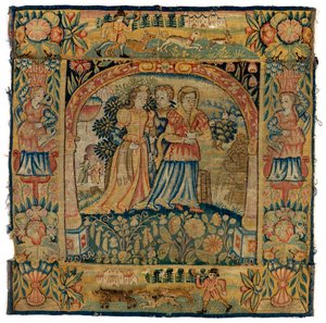 Coussin de tapisserie représentant Suzanne en route pour le bain, fabriqué à Sheldon, Angleterre, après 1600