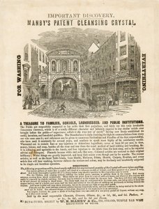 Temple Bar, Londres. Publicité pour le cristal de nettoyage breveté de Manby - English School