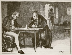 Les agents de la Grande-Bretagne et de la Suède signant le traité contre Napoléon (illustration de Cassells Illustrated History of England)