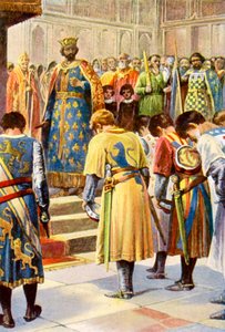 Les barons demandent à Henri III de convoquer un Parlement (lithographie couleur) - English School