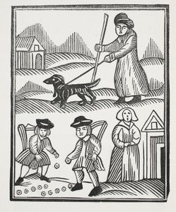 Le mendiant voyageant avec son chien, ramène une grande richesse à la maison, avec laquelle il surpasse le chevalier, et marie son enfant à son grand plaisir, illustration de Chap-books du XVIIIe siècle par John Ashton, pub. 1882