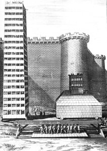 La tour de brique et le musculus au siège de Marseille, gravé par Cornelis Huyberts, illustration des Commentaires de César traduit en anglais par William Duncan, publié en 1753 - English School