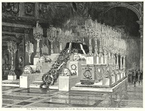 Le catafalque érigé pour le service funèbre de Sa Majesté le roi Victor Emmanuel, au Panthéon, Rome (gravure)