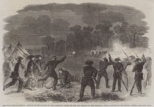 La guerre civile en Amérique, attaque sur les piquets de la garde Garibaldi sur la branche est du Potomac (gravure) - English School
