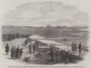 La guerre civile en Amérique, une partie des ouvrages et du camp confédérés abandonnés à Centreville (gravure) - English School