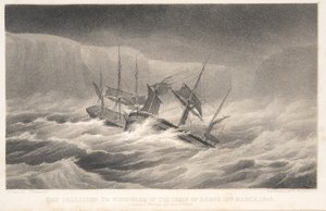La collision, extrait de Voyage of Discovery and Research in the Southern and Antarctic Regions par le capitaine Sir James Clark Ross, pub. 1847 (gravure)