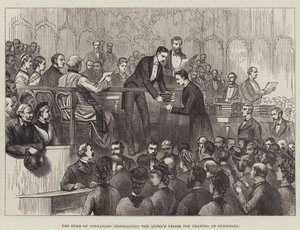 Le duc de Connaught distribuant les prix de la reine pour le dessin à Guildhall (gravure) - English School