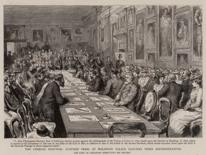 Les élections générales, les pairs écossais au palais de Holyrood élisant leurs représentants (gravure) - English School