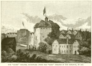 Le Globe Theatre, Southwark (avec le Rose Theatre au loin), en 1613