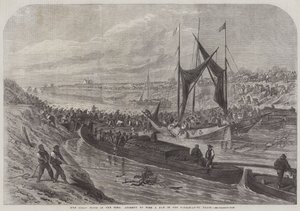 La grande inondation dans les Fens, tentative de former un barrage dans le drain de niveau moyen (gravure) - English School