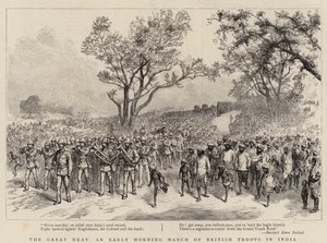 La grande chaleur, une marche matinale des troupes britanniques en Inde (gravure) - English School