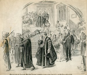 Le Guildhall, Londres, Banquet : le cortège du Lord Maire passant de la bibliothèque à la salle de banquet - English School