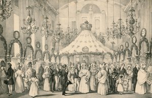 Les salles de Hanover Square lorsque la reine Victoria a pris la vue privée de la foire de fantaisie en aide aux étrangers en détresse, tenue le 19 juin 1833