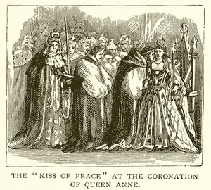 Le baiser de paix lors du couronnement de la reine Anne - English School