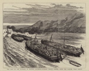 Les derniers Russes en Roumélie orientale, troupes russes descendant le Danube, près de Galatz (gravure)