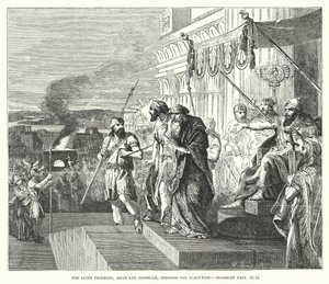 Les faux prophètes, Achab et Sédécias, condamnés à mort, Jérémie XXIX, 21, 22 (gravure) - English School