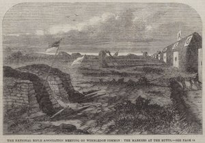 Réunion de la National Rifle Association à Wimbledon Common, les marqueurs aux buttes (gravure) - English School