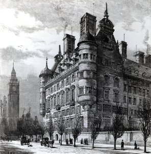 Les nouveaux bureaux de police sur le Victoria Embankment, gravé par H.W.B., publié dans 
