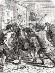 Les émeutiers "No-Popery" attaquent des membres du Parlement à Palace Yard, Westminster, Londres, Angleterre pendant les émeutes de Gordon de 1780