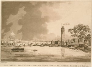 La Manufacture de plombs brevetée, avec une vue lointaine de Blackfriars Bridge et Saint-Paul, Londres - English School