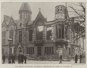 Les bâtiments municipaux de Perth, détruits par le feu le 23 janvier (gravure) - English School