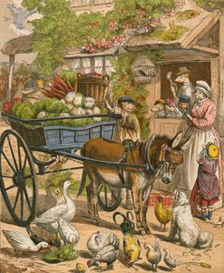 La famille Porker qui est restée à la maison pour manger du rôti de bœuf (lithographie en couleur) - English School