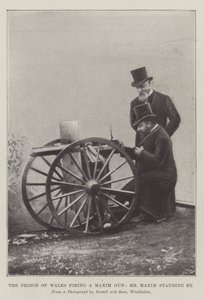 Le prince de Galles tirant avec une mitrailleuse Maxim, M. Maxim à ses côtés (gravure) - English School