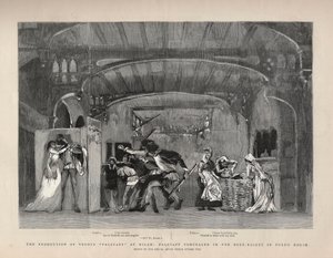 La production de Falstaff de Giuseppe Verdi à Milan, Falstaff caché dans le panier à linge dans la maison de Ford. Illustration pour The Graphic - English School