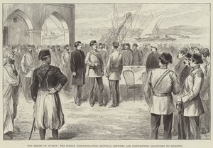 Le secours de Suakin, le Sirdar félicitant les officiers égyptiens et distribuant des gratifications aux soldats (gravure) - English School