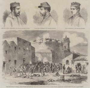 La révolution en Sicile, le bataillon anglais au pied de la tour ronde de la citadelle de Melazzo (gravure) - English School