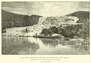 Les terrasses et sources chaudes de Rotomahana, Nouvelle-Zélande, détruites par un tremblement de terre le 10 juin 1886