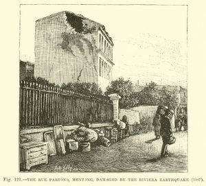 La rue Partono, Menton, endommagée par le tremblement de terre de la Riviera, 1887