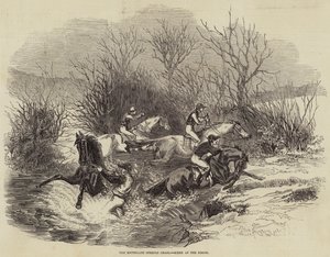La course de steeple-chase de Southgate, scène au ruisseau (gravure) - English School