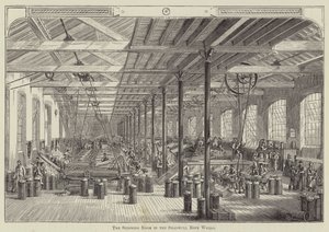 La salle de filature dans les ateliers de corde de Shadwell (gravure) - English School