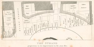 The Strand, Londres, avant son amélioration en 1810; plan de la zone