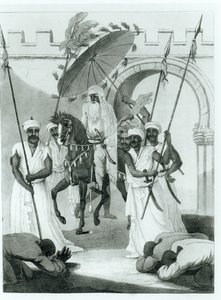 Le sultan du Maroc sortant pour donner audience, de Travels through France and Spain to Morocco par Maurice Keatinge, publié en 1817