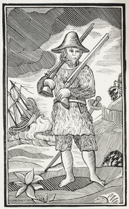 La vie surprenante et les aventures les plus étranges de Robinson Crusoé de la ville de York, marin, illustration de Chap-books du XVIIIe siècle par John Ashton, pub. 1882 - English School