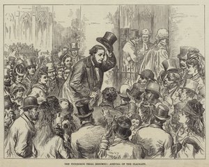 Le procès Tichborne repris, arrivée du demandeur (gravure) - English School