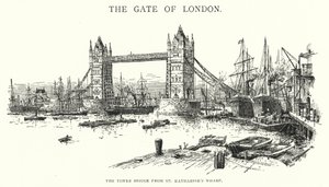 Le Tower Bridge depuis le quai de St Katharine (gravure)