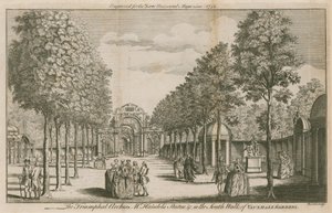 Les Arches Triomphales, la statue de M. Handel, dans la promenade sud des jardins de Vauxhall, Londres - English School