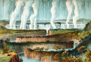 Les chutes Victoria ou Mosi-oa-Tunya, rivière Zambèze, Zimbabwe, Afrique australe au XIXe siècle. Tiré de La vie et les explorations du Dr Livingstone publié vers 1875.