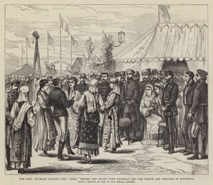 La guerre, les Roumains dansant la "Hora" devant le grand-duc Nicolas et le prince et la princesse de Roumanie