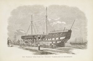 Le Hulk Warrior avec le navire de lavage au soufre au loin, extrait de The Criminal Prisons of London and Scenes of Prison Life par Henry Mayhew et John Binny, 1862 - English School