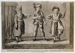 Les Êtres Humains Sauvages (Deux Femmes et un Homme) avec des Goitres Monstrueux, Exposés au Haymarket, imprimé pour Carington Bowles, 1787 - English School