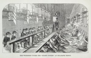 Atelier sous le système silencieux à la prison de Millbank, extrait de The Criminal Prisons of London and Scenes of Prison Life par Henry Mayhew et John Binny, 1862