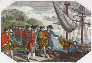 Le Jeune Prétendant après sa défaite à Culloden embarquant pour la France (gravure en couleur) - English School