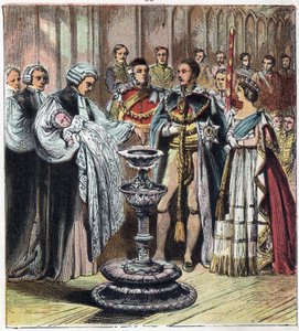 Le baptême du Prince de Galles, devenu le roi Édouard VII (1841-1910), en présence de ses parents, la reine Victoria 1ère (1819-1901) et le prince Albert de Saxe-Cobourg-Gotha