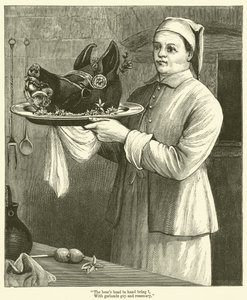 La tête de sanglier en main, avec des guirlandes joyeuses et du romarin - English School