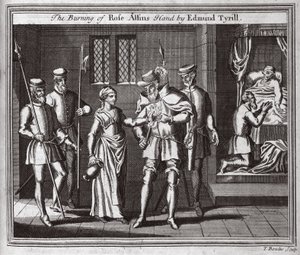 Le brûlage de la main de Rose Allins par Edmund Tyrill, illustration des Martyrs de Foxe vers 1703 - English School